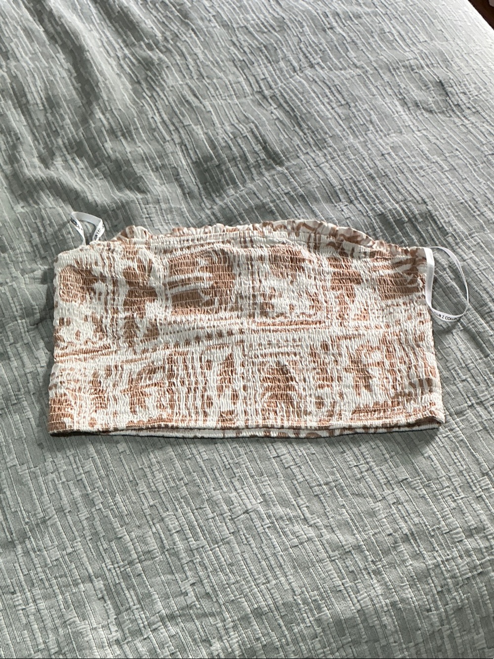 T.J.Maxx White and Light Brown Smocked Bandeau Top